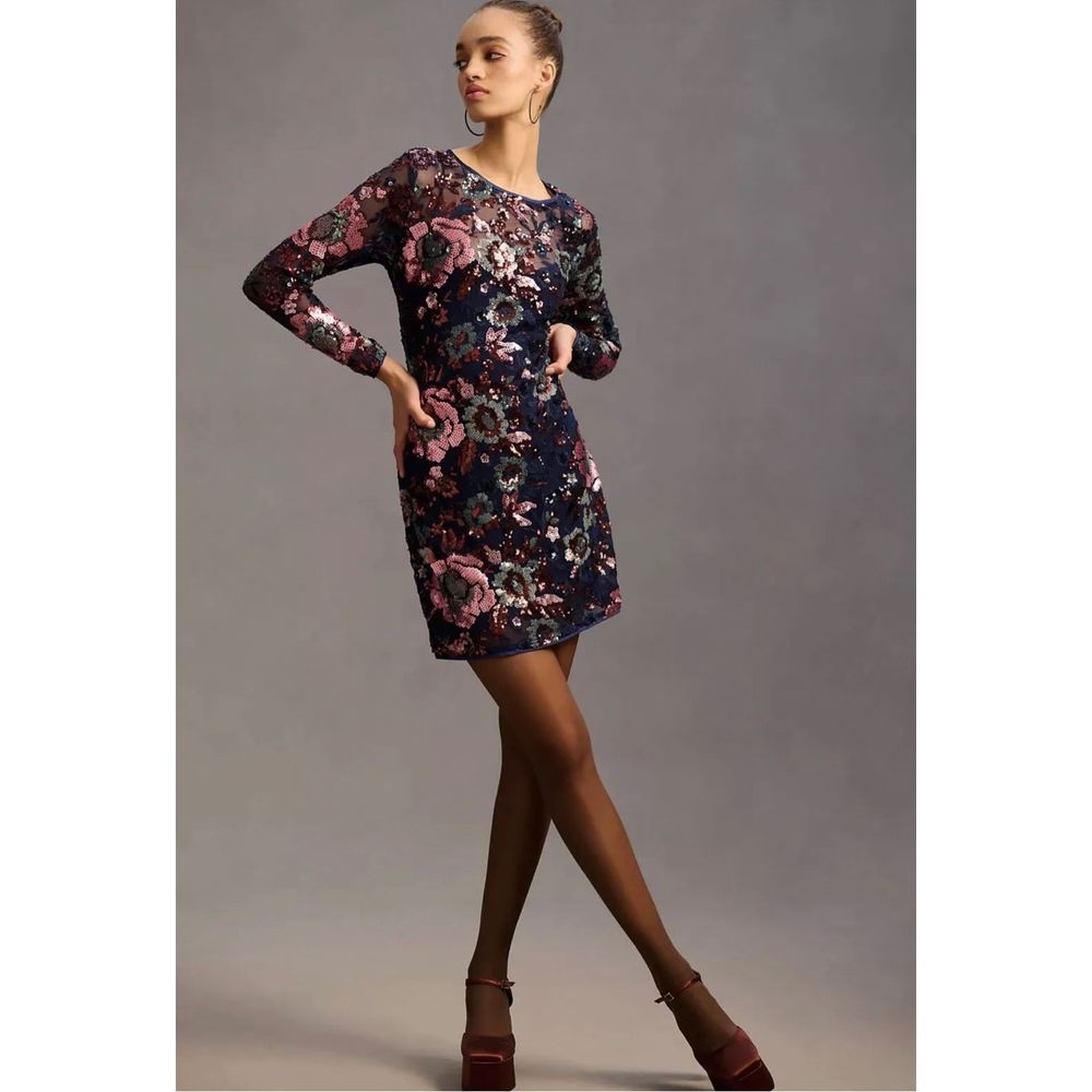 Anthropologie Floral Sequin Mini Dress - Navy and Pink